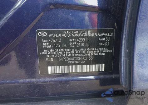 2013 Hyundai Sonata Gls from USA, damaged, VIN 5NPEB4ACXDH802158
